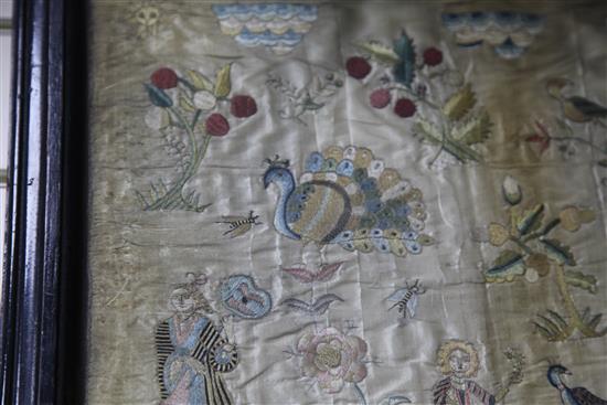 A 17th century English silkwork panel, 14.5 x 16in.